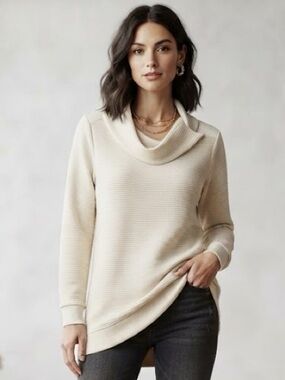 Women’s Oversized Cozy Cream Ivory Cowl-Neck Women's Ribbed Tunic Sweater P2P:26
